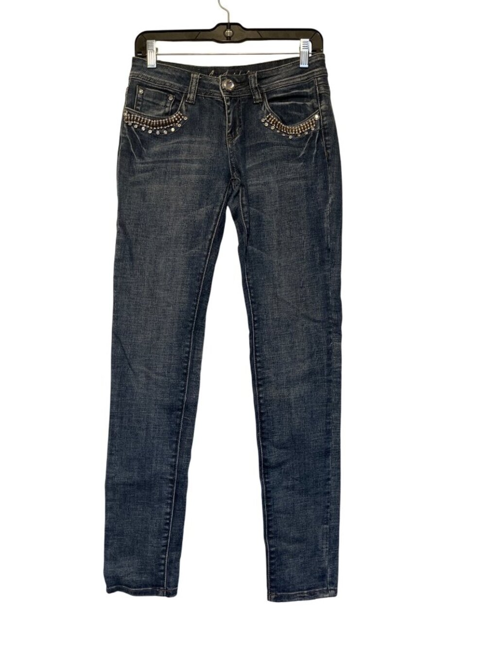 L.A. Idol Womens Juniors Embellished Skinny Jeans Dark Wash Size 5 Rhinestone Ac